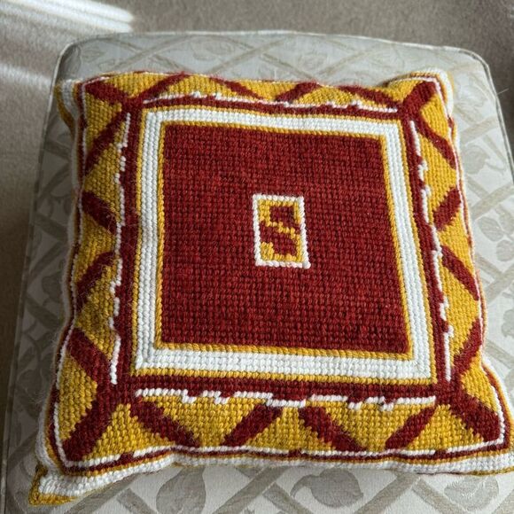 Red Gold Geometric Wool Needlepoint Boho Accent Pillow 14 inches Square Handmade - Picture 11 of 11